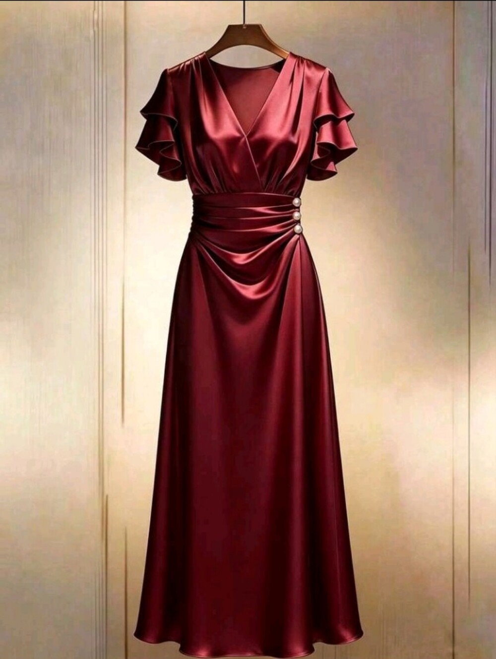 Women Summer Burgundy Elegant Autumn Satin Maxi Dress,V-Neck Waist-Cinched